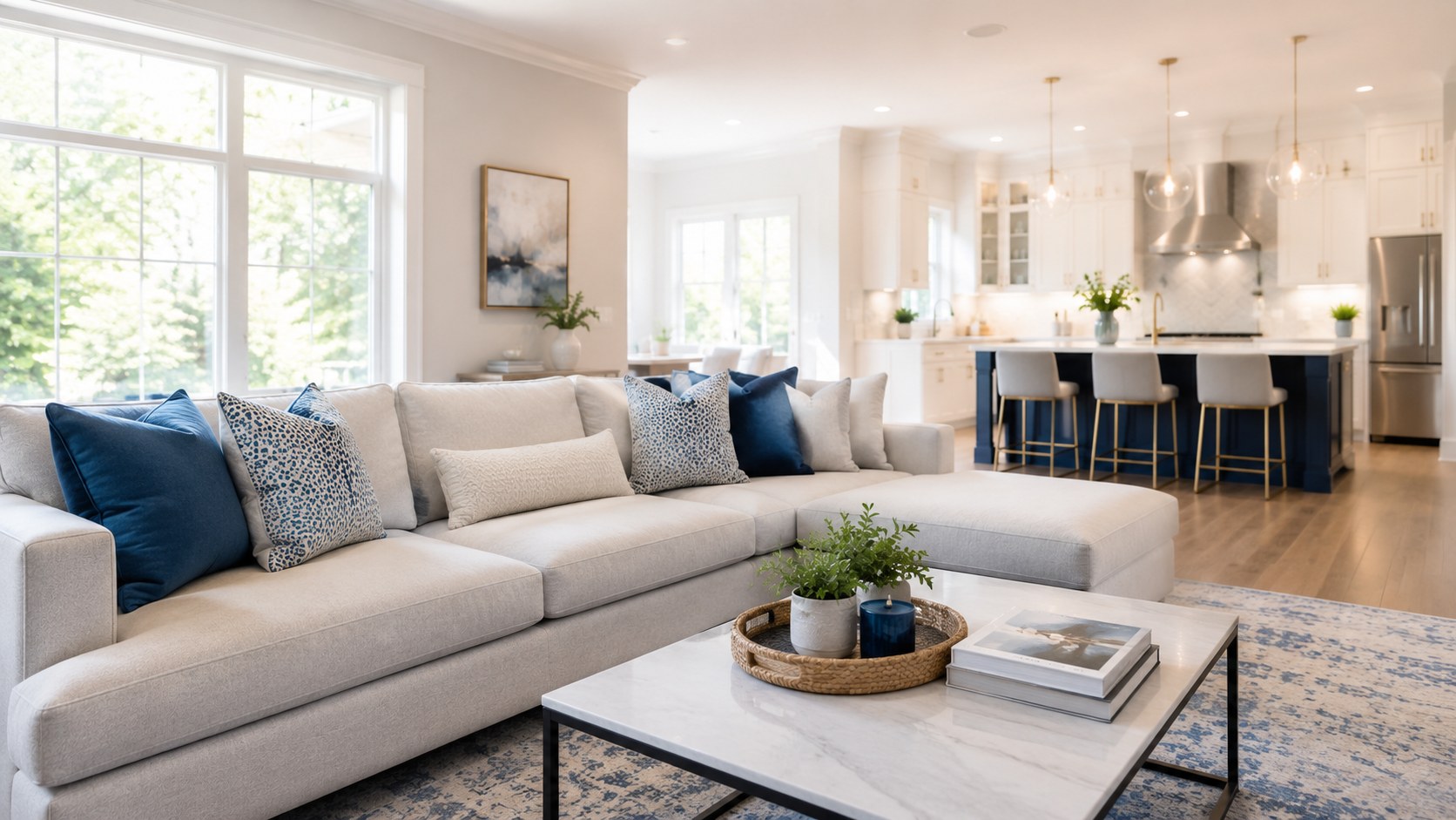 Clean open living room and kitchen after a professional cleaning service